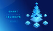 © forestgraphic - Christmas AI Technology Greeting Card - Digital Christmas tree with AI chip connected to servers that resemble Christmas presents. Text Smart Holidays and button Activate - creative idea vector