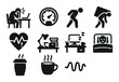 © Igor - Stress and fatigue icons: overwork, burnout, heart rate, sleep, coffee, and work desk