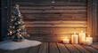 © TheseusStock - Greeting Card Mockup on Rustic Wood Texture with Snowy Christmas Tree and Candlelit Wooden Wall Background