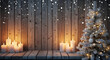 © TheseusStock - Greeting Card Mockup on Rustic Wood Texture with Snowy Christmas Tree and Candlelit Wooden Wall Background