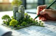 © Viktor - Architect designs eco city with green plants. Green building model with trees on plan. Person draws sustainable urban area. Eco-friendly architecture. Green tech innovation for urbanism development