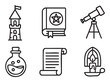 © Graphic Genius - Monochrome line art icon collection for fantasy, magic, and alchemy themes, featuring a wizard tower, spellbook, potion, telescope, scroll, and candle