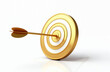 © Viktor - Golden arrow hits bullseye on dartboard target. Represents achieving goals, success, and winning. Symbol of aim precision, business strategy, and focus.