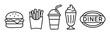 © Sophia - Simple vector icon collection of classic fast food items like a burger, french fries, a soft drink, and a milkshake, with a retro diner sign, drawn in a clean line art style