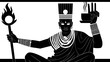 © ria - Monochromatic illustration of a powerful, adorned figure with an elaborate headdress, holding a flaming scepter and a steaming drink.