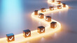 © Art_spiral - Abstract rendering of a glowing winding light path dotted with metallic cubes bearing white checkmarks symbolizing steps completed in a business workflow or project success journey