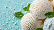 © vannet - Photorealistic top view of assorted ice creams in winter-inspired colors, frosty textures and creamy details, palette of icy blue, snow white, and frosted mint, realistic gourmet dessert, AI generated