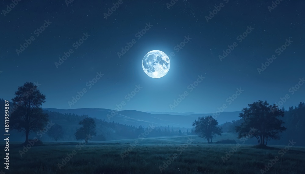 Peaceful night landscape with full moon shining over green field, trees ...