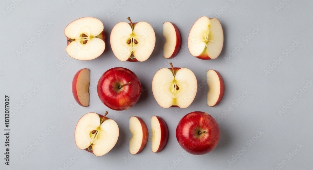 Overhead shot of whole and sliced red apples arranged on a gray surface for Eat a red Apple day