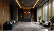 © Viktor - Modern hotel lobby area has black sofa marble reception desk plants. Lounge with golden decorative panels is designed in luxury style. Interior visualization for real estate business looks stylish.