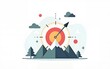 © shu - goal target mission success icon set business challenge objective and achievement with hike mountain summit and aim arrow symbol marketing management vector illustration. High quality