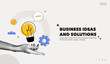 © accogliente - Trendy Halftone Collage Business ideas and solutions. Hand holds lightbulb. Startup idea. Investment tips. Creative poster with promotion text. Contemporary vector illustration art