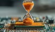 © Aurnima - Urgent tech upgrade needed as time runs out, or is this the end of innovation? Golden hourglass on circuit board shows deadline pressure in the digital age