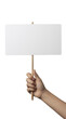 © Transparent PNG  - Hand holding a blank white sign with a wooden frame for protest or message isolated on transparent white background