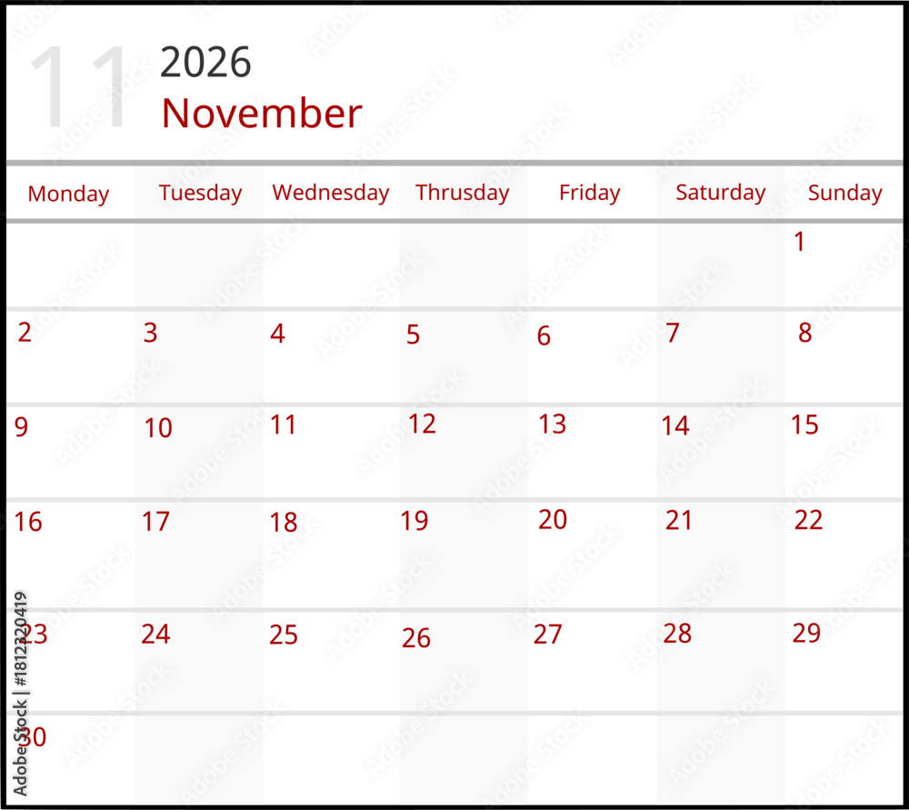 11 November 2026 Calendar Vector Illustration. Date Icon. Day calendar ...