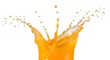 Vibrant orange juice splash frozen in motion, capturing the dynamic eruption of liquid droplets against a clean white background, perfect for beverage and refreshment concepts