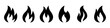 © Lifeking - Set of 6 black flame icons isolated on white background. Vector fire silhouette variations for heat, energy, warning and safety design