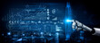 © InfiniteFlow - A robotic hand interacts with a futuristic artificial intelligence interface, displaying vibrant data graphics against a stunning nighttime cityscape backdrop. Scalp