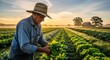 © Luan - A farmer harvesting lettuce in a field at sunrise with a barn and trees in the background on a farm