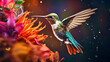 © Pershing - Vibrant iridescent hummingbird hovering near bright orange flowers with magical bokeh light particles and dramatic lighting