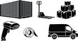 © OKAN - Shipping container pallet jack boxes scanner tape delivery van logistics vector illustration