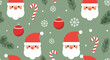 © emiloo - Festive Christmas pattern featuring Santa Claus faces, candy canes, ornaments, and snowflakes on a green background.