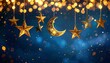 © Rifal - Elegant golden crescent moon and sparkling stars suspended amidst twinkling bokeh lights, evoking a magical ambiance for festive celebrations and enchanting holiday designs