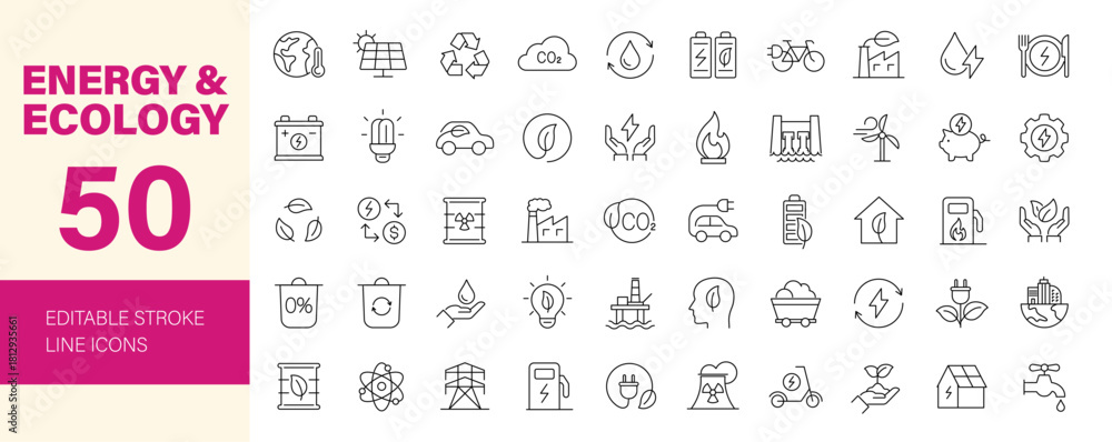 Energy and Ecology icon set. Editable line icons. Vector illustration ...