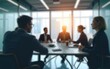 © ye - people, work and corporate concept - blurred background with business team meeting at office behind glass wall. High quality