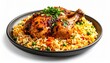 © FACTORY GRAPHICA  - Delicious roasted chicken served with seasoned rice and fresh herbs on a plate