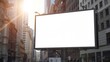© JuliaDorian - Blank billboard mock up in urban setting with sunlight illuminating street, providing ample copy space for advertising and promotional content