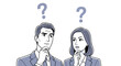 © Devika - thoughtful business man and woman contemplating a difficult problem with question marks symbolizing strategic decision-making and corporate challenges.