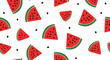 © Inkspirehub - A vibrant and refreshing seamless pattern featuring bright red watermelon slices with black seeds scattered on a clean white background, perfect for summer designs.