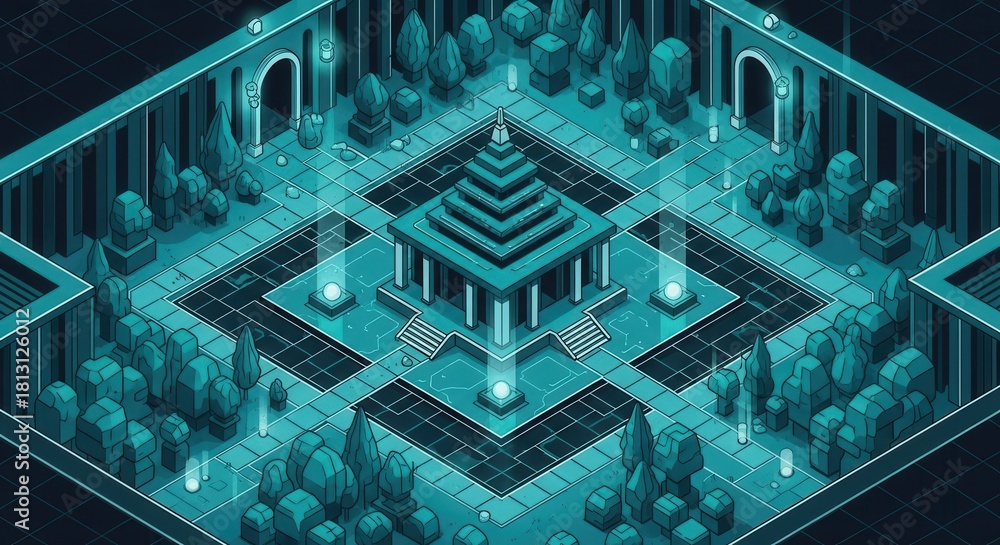 Isometric view depicts an ancient temple courtyard illuminated by ...
