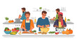 © Mochamad - Illustration of a diverse group of people preparing food together in a kitchen with various ingredients and cooking utensils.