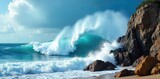Powerful ocean waves crashing against a rocky shoreline, demonstrating the raw energy of the sea The white foam and spray showcase the dynamic force of nature , movement, seascape