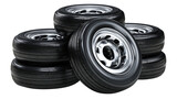 Pile of Black Tires with Shiny Rims Isolated on White Background for Automotive and Transportation Themes