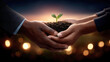 © Tiravad - Hands holding soil with small plant growing, hands cupping seedling, growth concept, nurturing, unity