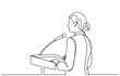 © Thuin_prodesign - continuous line drawing of a woman standing at a podium, speaking into a microphone with expressive hand gestures.Concept of speech, presentation, speaker, conference, and giving instructions.