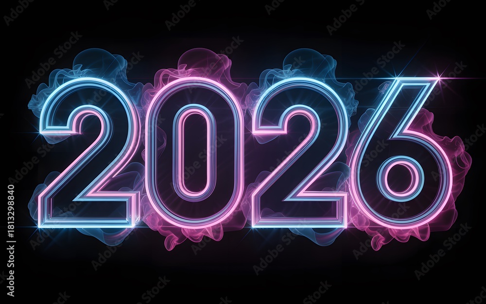 Illuminated year 2026 with blue and pink light on black studio ...