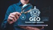 © Technology - Man holding a magnifying glass over a tablet displaying ai geo generative engine optimization concept, symbolizing advanced search and ai technology