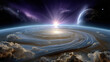 © Thailand Smile - Stunning cosmic scene featuring swirling clouds and radiant sun rising over distant planet, evoking sense of wonder and exploration