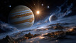 © Thailand Smile - Stunning cosmic landscape featuring two large planets, one resembling Jupiter, with bright sun illuminating scene. Stars twinkle dark sky above