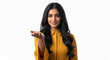 © PRASANNAPIX - A beautiful young Indian woman in a yellow dress extends her open hand forward in a welcoming gesture