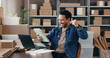 © DavidsPrime/peopleimages.com - Man, cheering and tablet with boxes for ecommerce with good news, online sales and order success. Excited, male person or fist pump with digital, shipping deal and celebration of logistics promotion