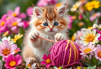  A fluffy kitten playfully batting a yarn ball, surrounded by spring flowers, springtime, playful