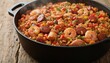 © 현욱 김 - A Vibrant Close-Up of Steaming Jambalaya with Rice and Vegetables