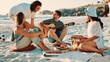 © FlexOn/peopleimages.com - Beach, friends and play guitar on picnic, relax and laugh together outdoor for holiday party. Seashore, food and people with acoustic instrument for music, social gathering or funny joke on vacation