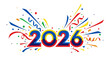 © Uresha - Vibrant 2026 Celebration Design for New Year's or Future Event Announcements with Colorful Confetti and Festive Ribbons on White Background