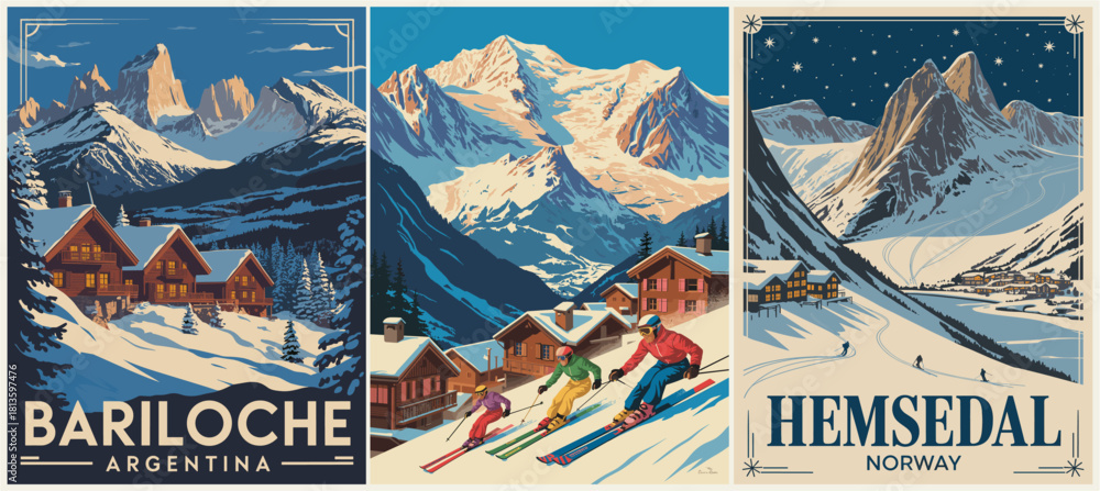 Vintage travel poster triptych of mountain ski resorts in